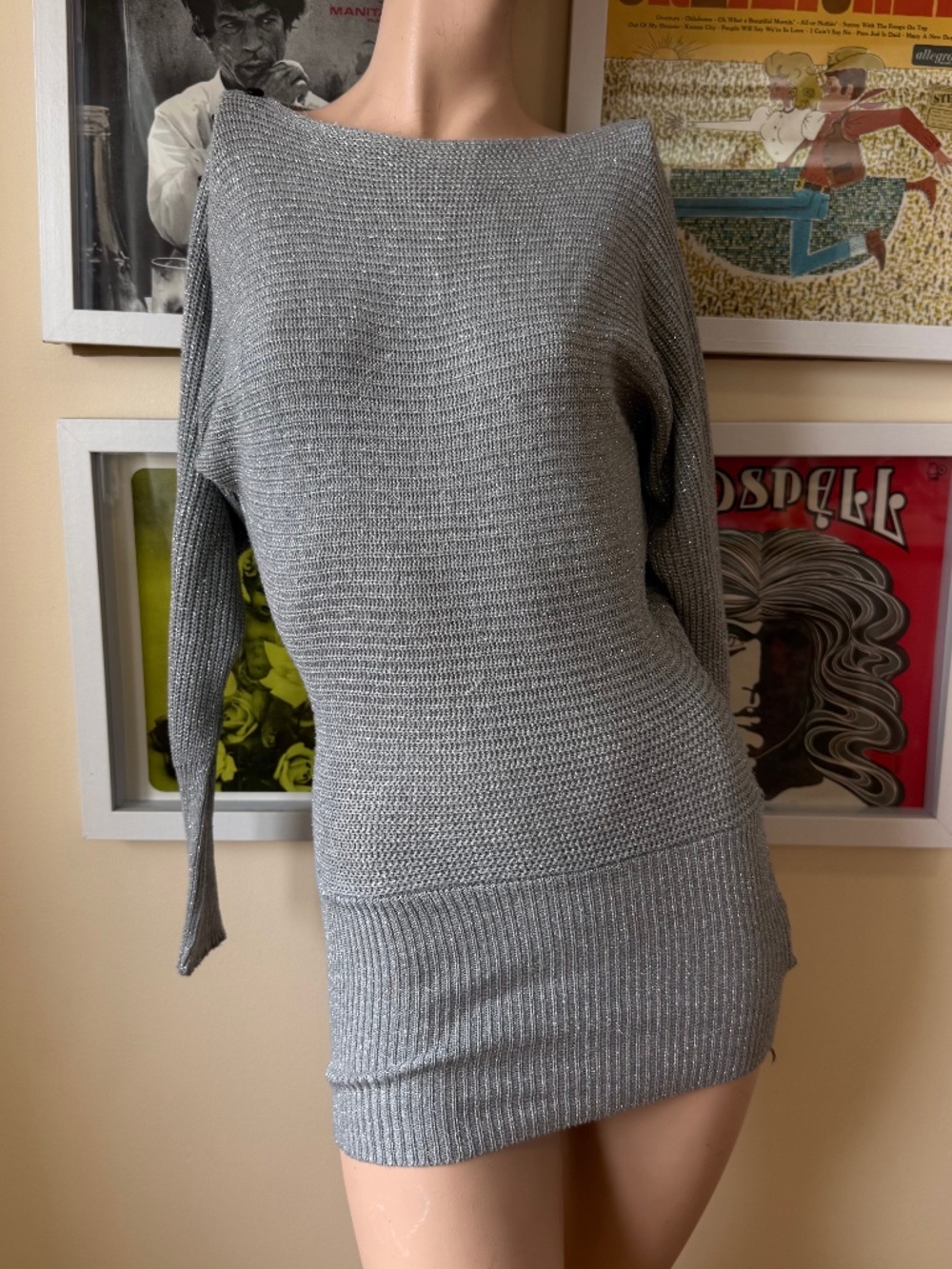 Y2K GREY SILVER OFF SHOULDER SWEATER MINI DRESS • COZY MODEL OFF DUTY KNIT